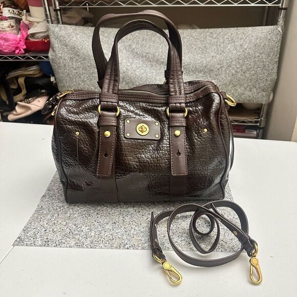 Marc By Marc Jacobs Brown Patent Leather Zip top Satchel‎ Shoulder Bag Large NEW - Picture 1 of 14